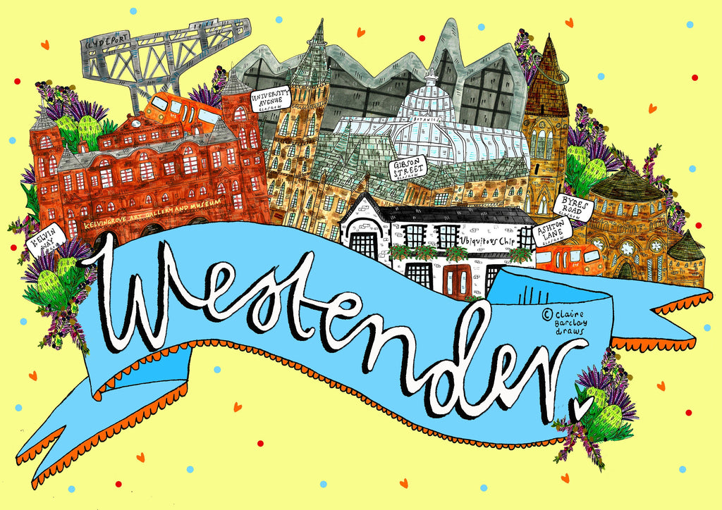 WestEnder Art Print, West End of Glasgow Landmarks Illustration Print