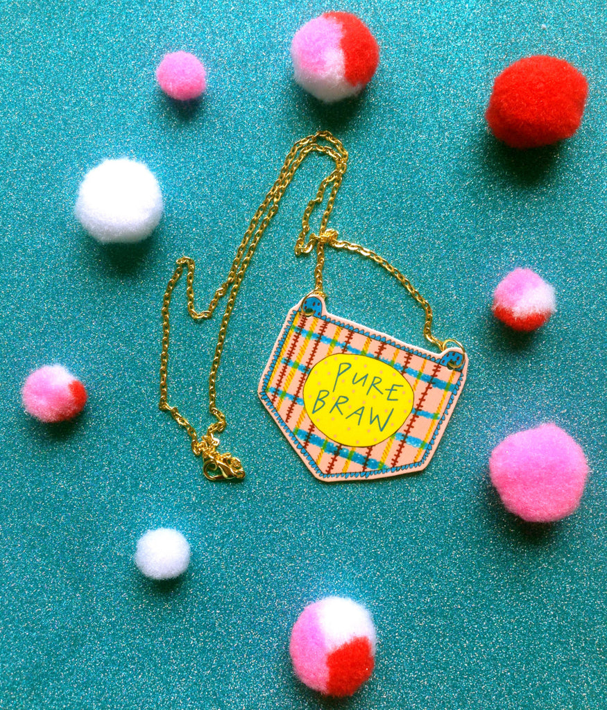 PURE BRAW Illustrated Necklace, Scottish Slang Quirky Fun Jewellery on Gold Plated Chain