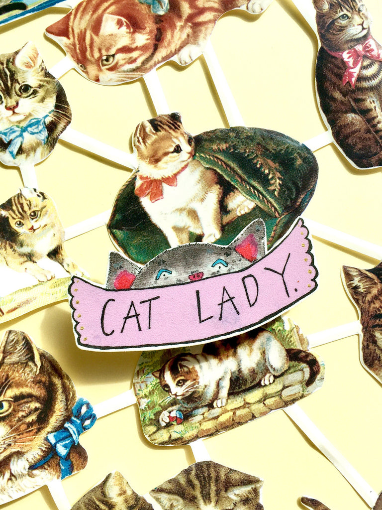 Cat Lady Illustrated Brooch, Quirky Cute Cat Handmade Jewellery, Brooch with Plastic Charm, Cat Illustration, Cat Pin Badge