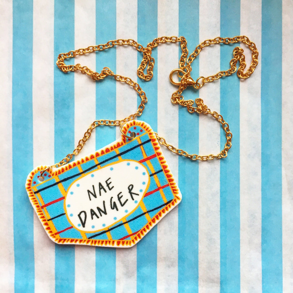 NAE DANGER Illustrated Necklace, Scottish Slang Quirky Fun Jewellery on Gold Plated Chain