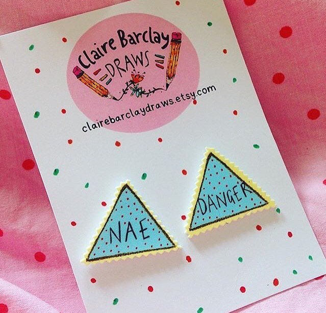 Nae Danger Illustrated Earrings, Typography Stud Post Earrings, Quirky Plastic Jewellery, Scottish Gifts/ Slang/ Humour