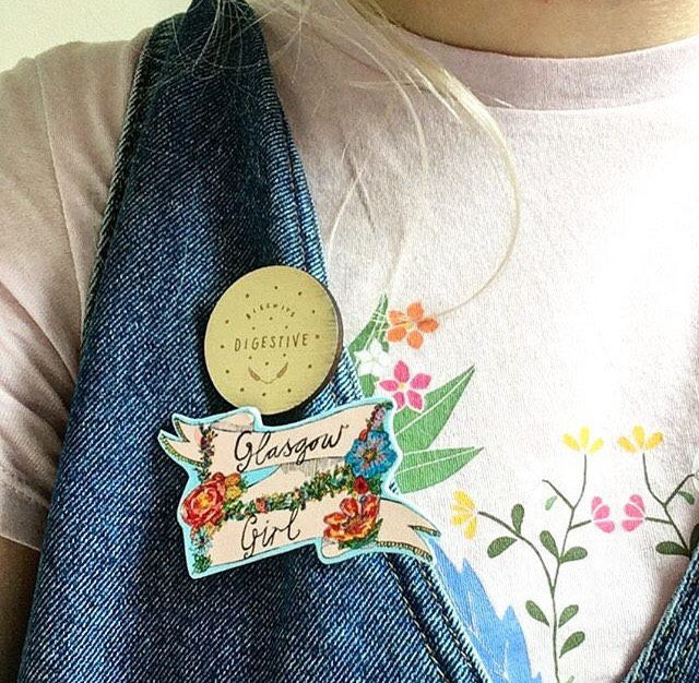 GLASGOW GIRL Illustrated Brooch, Floral Cute Girly Pin Badge, Quirky Scottish Gift