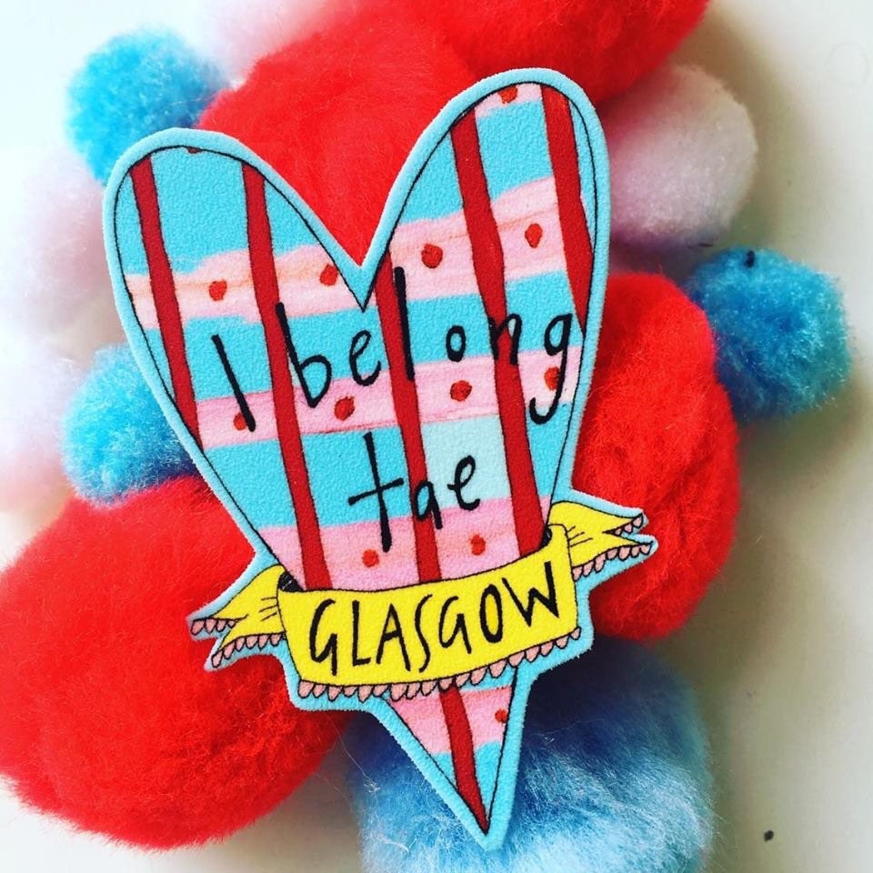 I Belong Tae Glasgow Brooch, Illustrated Glasgow Heart Badge, Quirky Scottish Pin