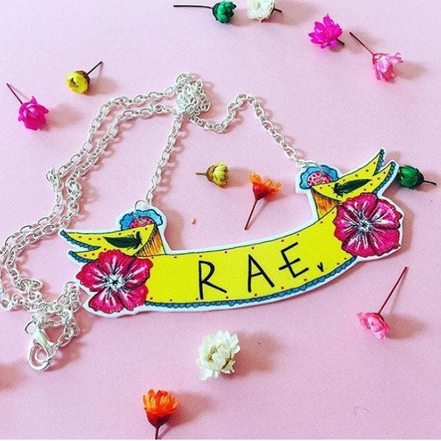 Personalised Name Banner Necklace, Cute Floral Necklace With Custom Text, Illustrated Necklace, Quirky Original Gift Idea