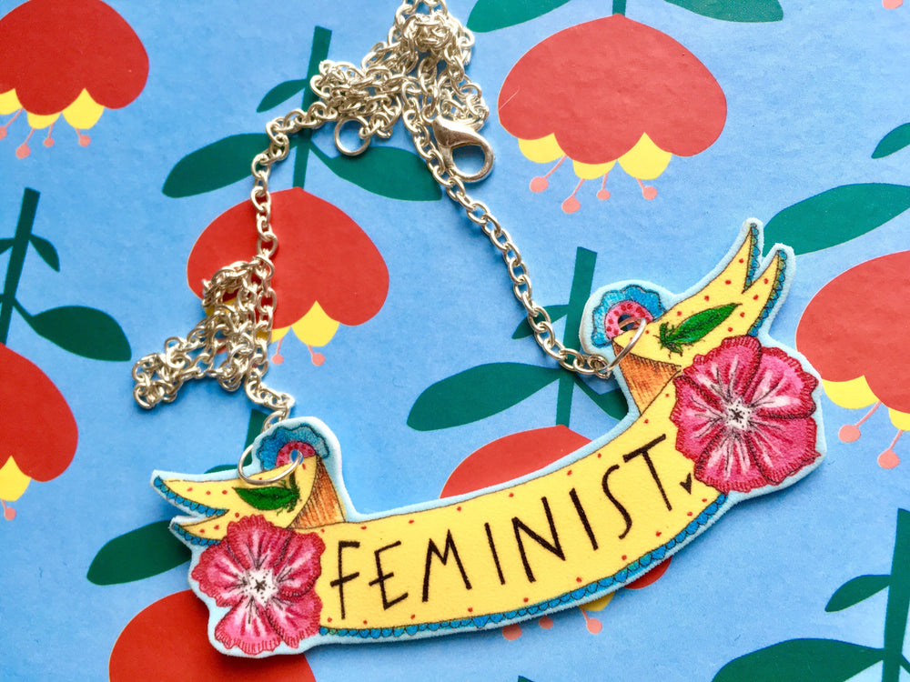 FEMINIST Banner Necklace, Cute Floral Necklace, Illustrated Necklace, Quirky Original Gift Idea