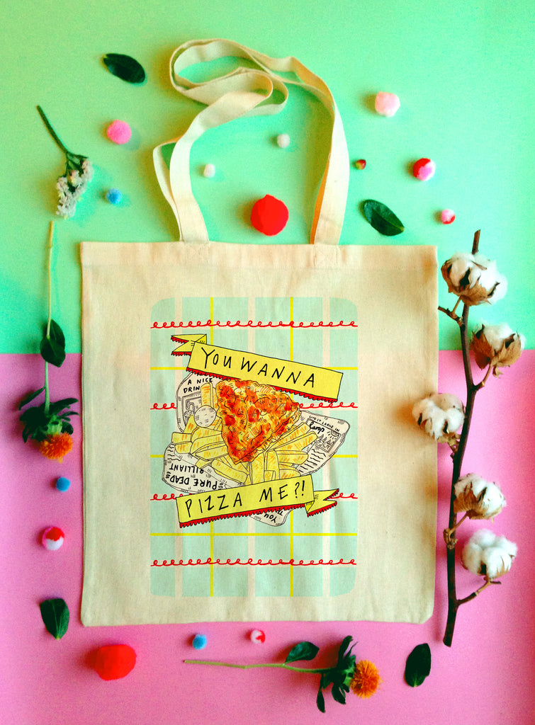 You Wanna Pizza Me?! Pizza Crunch Illustrated Tote Bag, Scottish Humour Cotton Shopper Bag