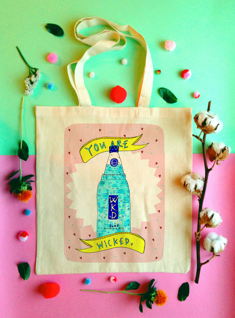 You are Wicked Illustrated Tote Bag, Fun Blue WKD Cotton Shopper Bag