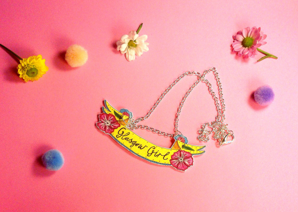 Glasgow Girl Floral Banner Necklace, Scottish Typography Illustration, Cute Scottish Jewellery