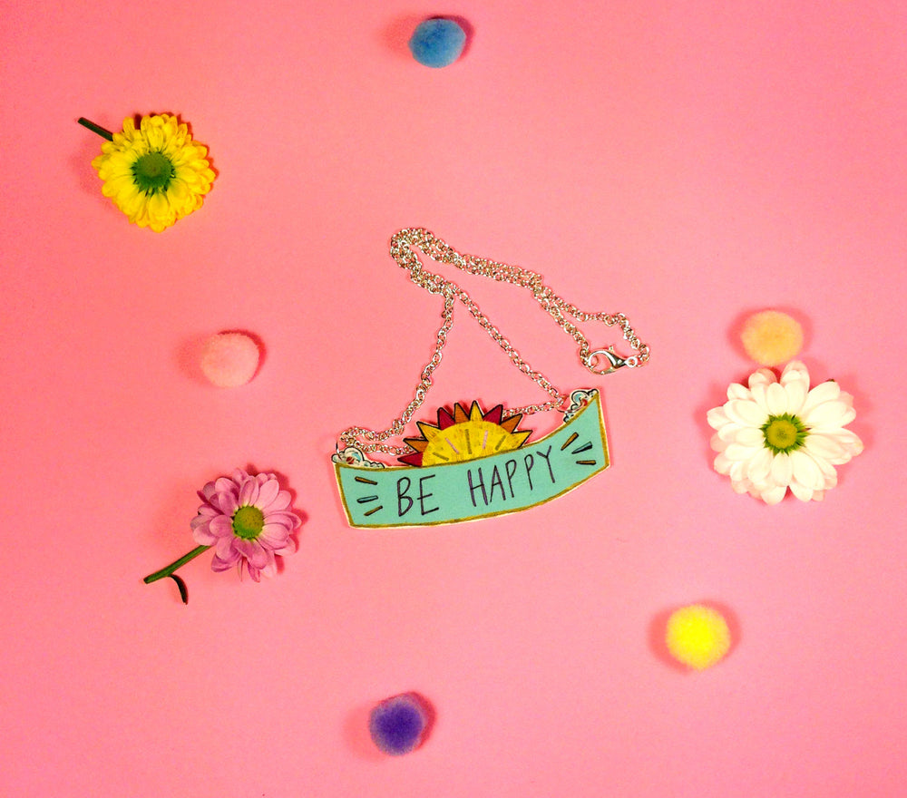 Be Happy Illustrated Necklace, Typography Sunshine Jewellery, Sunny Positive Message, Quirky Illustrated Necklace, Cute Plastic Jewellery