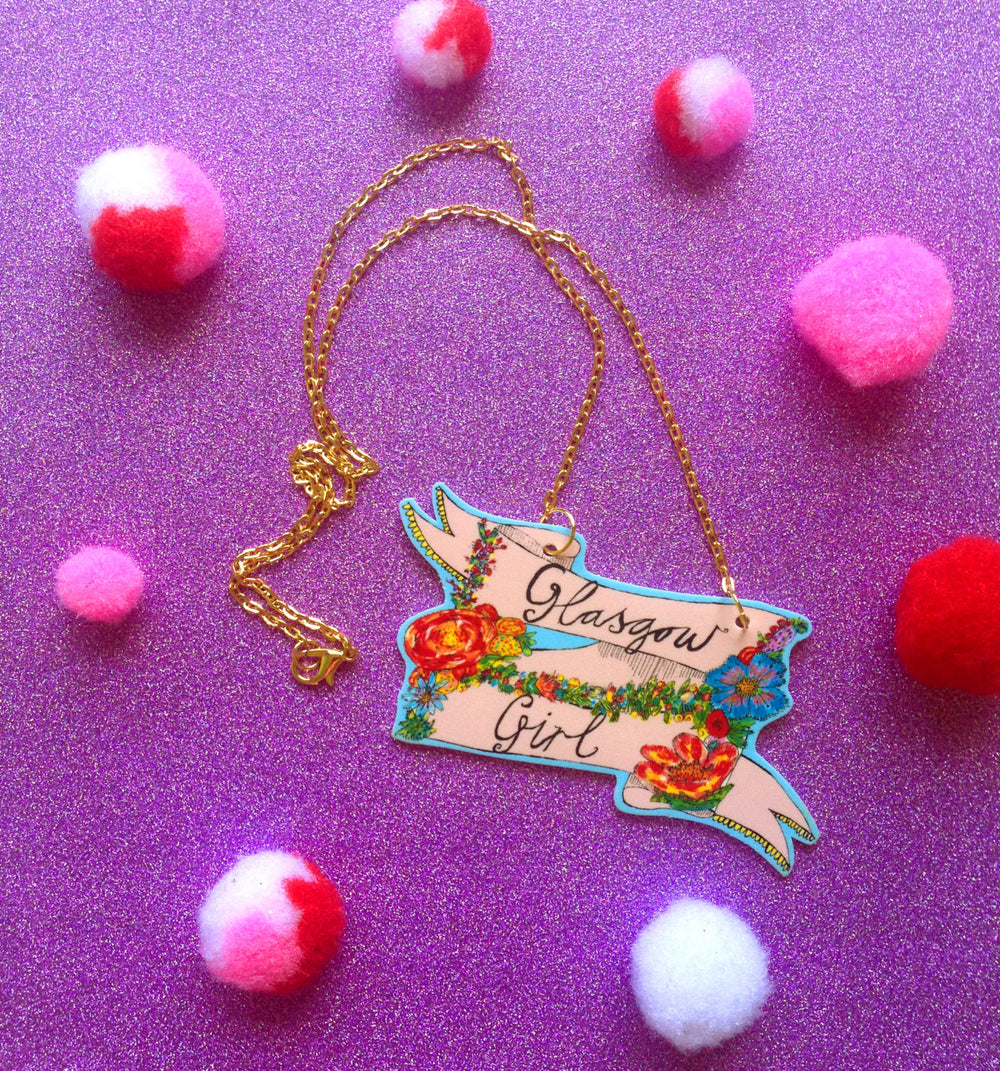 GLASGOW GIRL Illustrated Necklace On Gold Plated Chain, Floral Cute Girly Jewellery, Quirky Scottish Gift