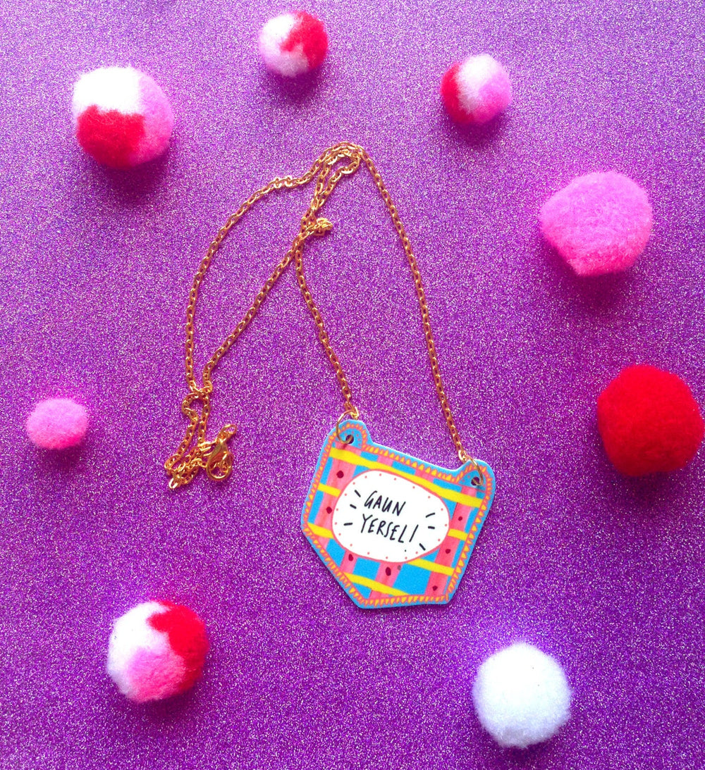 GAUN YERSEL Illustrated Necklace, Scottish Slang Quirky Fun Jewellery on Gold Plated Chain